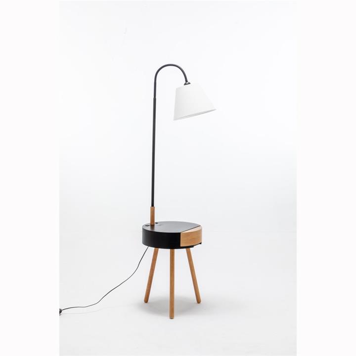 Zoltan Rubberwood Floor Lamp On Side Table Linen Shade W/ USB Port & Wireless Charging - Off White/Black