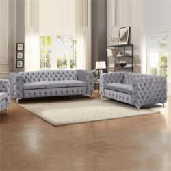 3+2 Seater Sofa Classic Button Tufted Lounge in Grey Velvet Fabric with Metal Legs