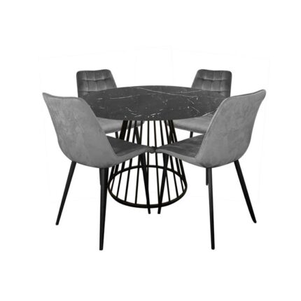 5Pc Dining Set Liverpool Round Dining Table 110cm Black & 4Pc Lumy Velvet Dining Chair Grey