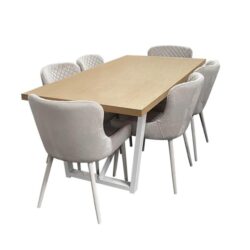7Pc Dining Set Havana Rectangle Dining Table 180cm Natural W/ 6Pc Corrie Velvet Dining Chair Grey