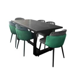 7Pc Dining Set Perry Rectangle Dining Table 180cm Black Herringbone Pattern W/ 6Pc Royale Velvet Dining Chairs Green