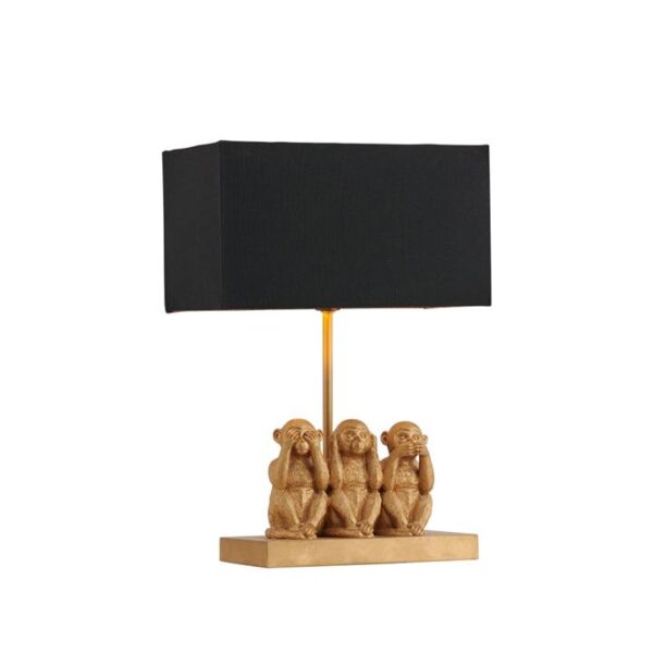 Everette Eclectic Accent Table Lamp Light with Three Wise Monkeys Fabric Shade - Gold and Black