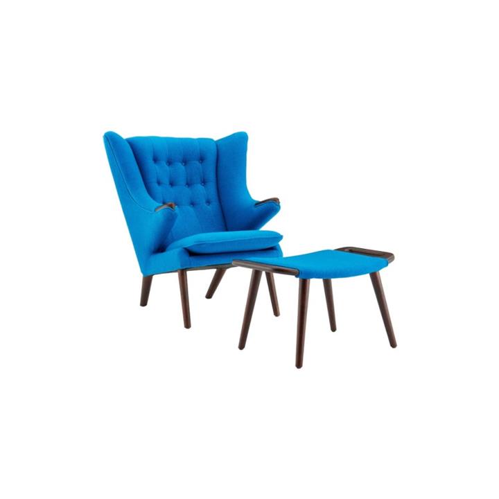 Hans Wegner Replica Fabric Papa Bear Accent Lounge Chair W/ Ottoman - Blue - Blue