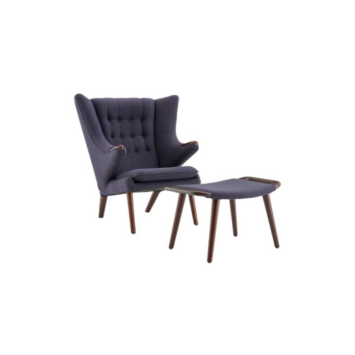 Hans Wegner Replica Fabric Papa Bear Accent Lounge Chair W/ Ottoman - Drak Grey - Grey