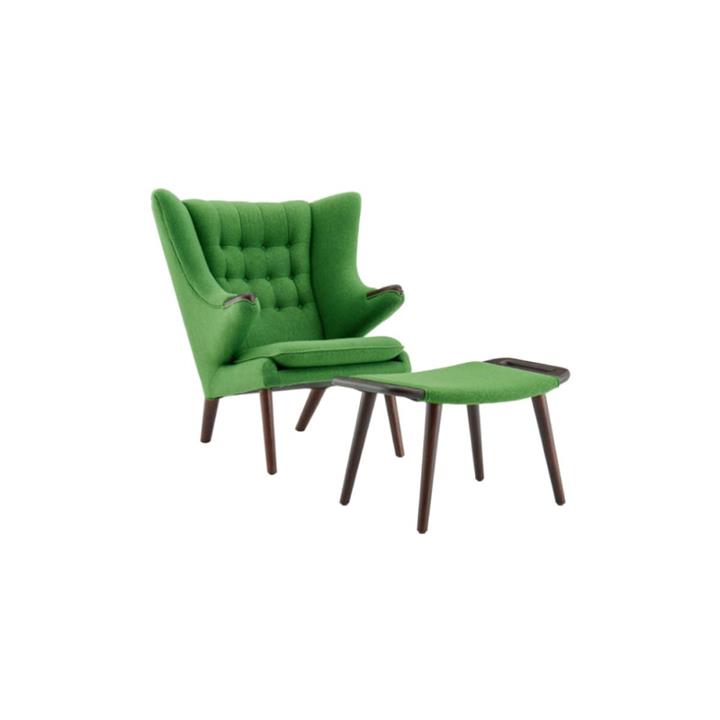 Hans Wegner Replica Fabric Papa Bear Accent Lounge Chair W/ Ottoman - Green - Green