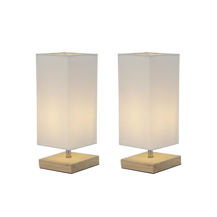 Omega Bright Duo Set of 2 Modern Wooden Base Square Table Lamp Light Rectangular Linen Shade - White