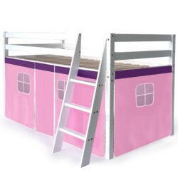 KINGSTON SLUMBER Wooden Kids Single Loft Bed Frame - Hiding Space Underneath with Interchangeable Pink and Blue Curtains