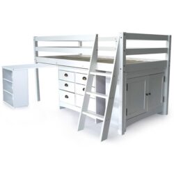 KINGSTON SLUMBER Wooden Kids Single Loft Bed Frame with Pull Out Desk, Storage Drawers, Cabinet - White