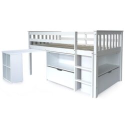 KINGSTON SLUMBER Wooden Kids Single Loft Bed Frame with Pull Out Desk, Storage Drawers - White