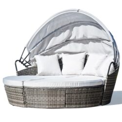 LONDON RATTAN 3pc Outdoor Day Bed, Grey Wicker and Off White Canopy