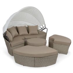 LONDON RATTAN 4pc Outdoor Day Bed, Light Wicker and Off White Canopy