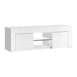 Nnedsz 130cm high gloss tv stand entertainment unit storage cabinet tempered glass shelf white
