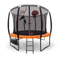 Nnemb 10ft round kids trampoline with curved pole design-basketball set and sprinkler accessory-black and orange