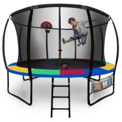 Nnemb 12ft round kids trampoline with curved pole design-basketball set and sprinkler accessory-black and multi-colour