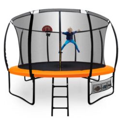 Nnemb 14ft round kids trampoline with curved pole design-basketball set and sprinkler accessory-black and orange