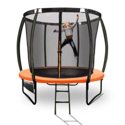 Nnemb 8ft round kids trampoline with curved pole design and sprinkler accessory-black and orange