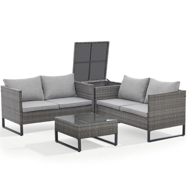 PRE-ORDER LONDON RATTAN 4 pc Outdoor Furniture Setting, 4 Seater Lounge, Chairs, Coffee Table and Storage Box, for Outdoors Garden Patio, Grey