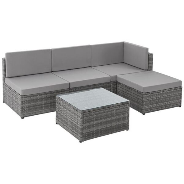 PRE-ORDER LONDON RATTAN 5 pc Outdoor Furniture Setting, 4 Seater Lounge Chairs, Includes Ottoman and Coffee Table, for Outdoors Garden Patio, Grey