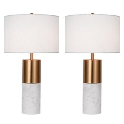 NNEAGS 2X 60cm White Marble Bedside Modern Desk Table Lamp Living Room Shade with Cylinder Base