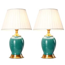 NNEAGS 2X Ceramic Oval Table Lamp with Gold Metal Base Desk Lamp Green