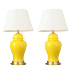 NNEAGS 2X Oval Ceramic Table Lamp with Gold Metal Base Desk Lamp Yellow