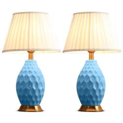 NNEAGS 2X Textured Ceramic Oval Table Lamp with Gold Metal Base Blue