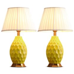 NNEAGS 2X Textured Ceramic Oval Table Lamp with Gold Metal Base Yellow