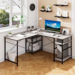 NNECW 151CM Convertible L-shaped Computer Desk with 4 Storage Shelves for Home Office-Grey