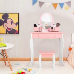 NNECW 2-in-1 Kids Vanity Table and Stool Set with Mirror-Pink