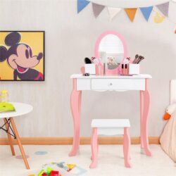 NNECW 2-in-1 Kids Vanity Table and Stool Set with Mirror-White