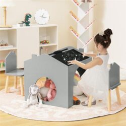 NNECW 3 Pieces Kids Wooden Table and Chair Set with Chalkboards for Toddlers-Grey