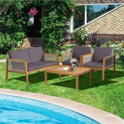 NNECW 4-Piece Patio Acacia Wood Furniture Set with Cushions for outdoors-Gray