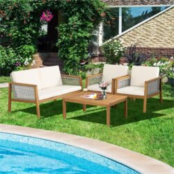 NNECW 4-Piece Patio Acacia Wood Furniture Set with Cushions for outdoors-Off White