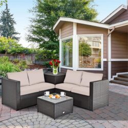 NNECW 4 Pieces Outdoor Rattan Furniture Set with Cushioned Loveseat Storage Table for Patio