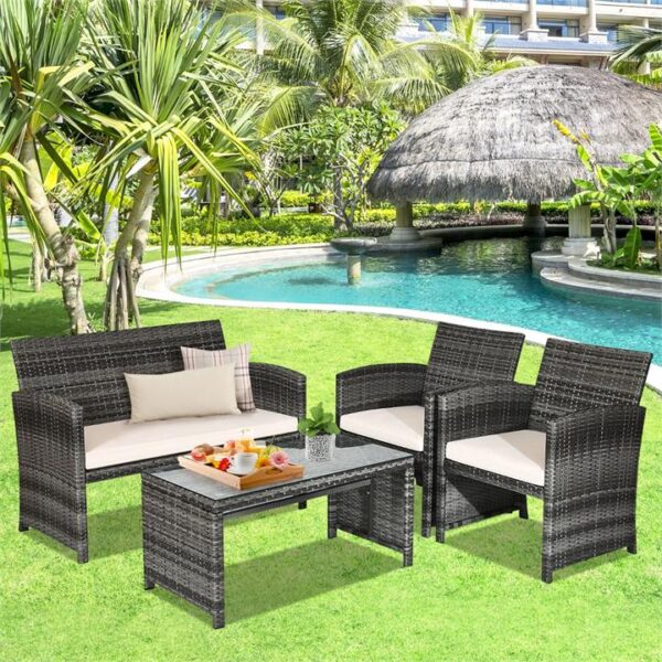 NNECW 4 Pieces Outdoor Wicker Conversation Set with Glass Top Table & Cushions