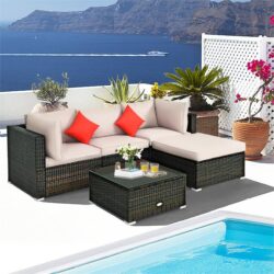 NNECW 5-Piece Outdoor Sectional Sofa Set with Non-slip Foot Pads for Yard Beige