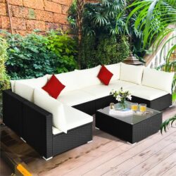 NNECW 7 Pieces Outdoor Wicker Sofa Set with Tempered Glass Top Coffee Table