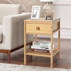 NNECW Bamboo Nightstand Bedside Table with Drawer and Open Storage Shelf Natural