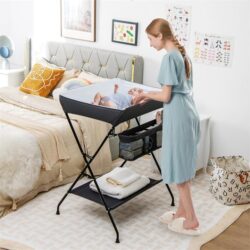 NNECW Folding Baby Change Table with Storage Basket & Shelf for Infant & Toddler-Black