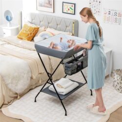 NNECW Folding Baby Change Table with Storage Basket & Shelf for Infant & Toddler-Grey