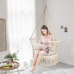 NNECW Folding Hanging Chair with Braided Brushes up to 160kg Loadable-Beige