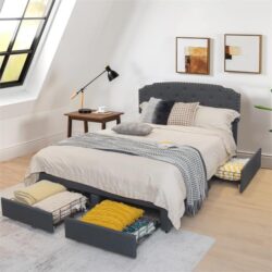 NNECW Full/Queen Size Upholstered Platform Bed Frame with 4 Storage Drawers-Full