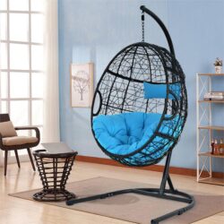 NNECW Hanging Egg Shape Wicker Swing Chair-Turquoise