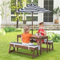 NNECW Kids Table & Bench Set with Umbrella & Cushions for Indoor Outdoor Activity-Blue