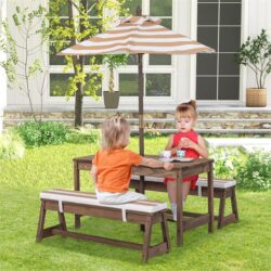 NNECW Kids Table & Bench Set with Umbrella & Cushions for Indoor Outdoor Activity-Brown