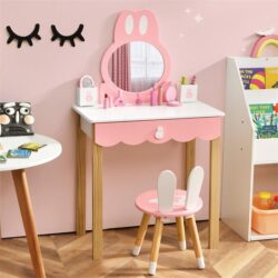 NNECW Kids Vanity Table & Chair Set with Rabbit Mirror & Storage Drawer