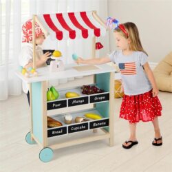 NNECW Kids Wooden Ice Cream Cart with Chalkboard & Storage