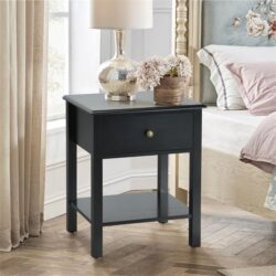 NNECW Modern Nightstand with Drawer and Shelf for Bedroom-Black
