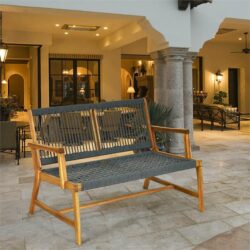 NNECW Patio Acacia Wood Bench Chair Outdoor Furniture for Garden-Gray