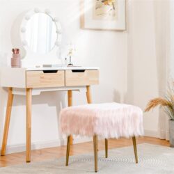 NNECW Square Furry Ottoman Seat with Golden Metal Legs-Pink